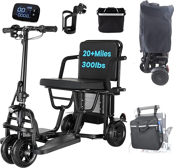 2025 New 20Miles Autopilot 1+3 Gear Speed -9.32mph Lightweight Mobility Scooters Foldable Support 300lbs, 4 Wheel Travel Powered Mobility Scooters for Adults Airline Approved