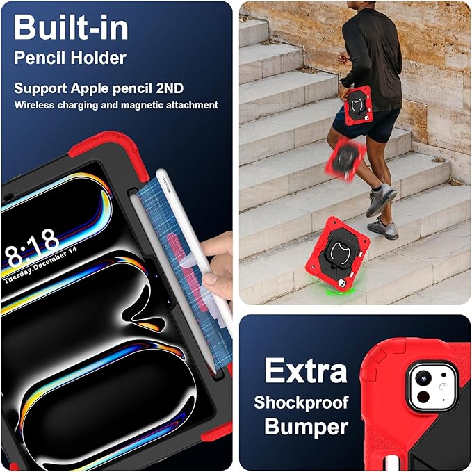 Dteck for iPad Pro 11 inch (M4/M5) 2024/2025 Release Shockproof Case with Shoulder Strap/Pencil Holder/Rotating Kickstand Handle, Heavy-Duty Sturdy Rugged Cover, Protective Tablet Shell, Black Red
