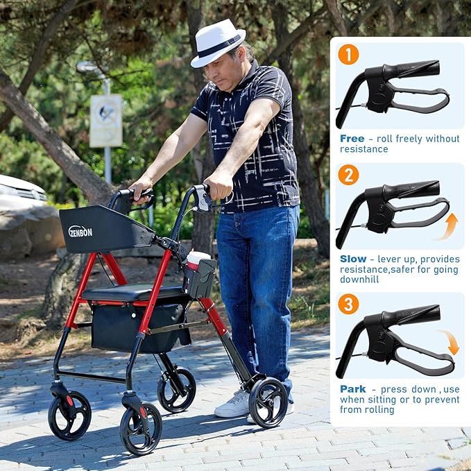 Rollator Walker for Seniors/Adults Foldable Rolling Walker with Seat 265 lbs Capacity 4 Big 8 inch Wheels Hand Grips Adjustable Height Lightweight Iron Aluminum Walker (Red)