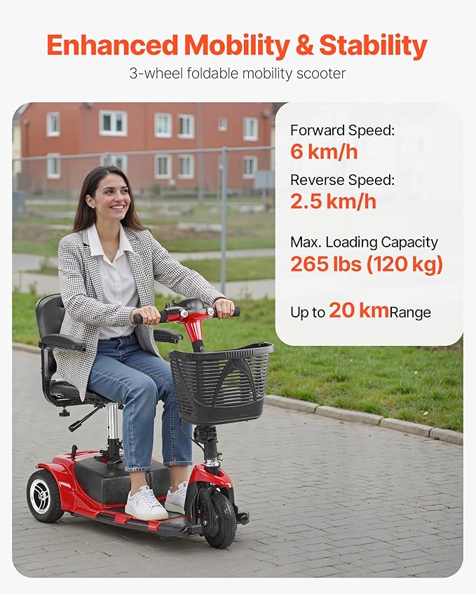 VEVOR 2025 Upgraded 3 Wheel Folding Mobility Scooter for Adults & Seniors,Electric Powered Mobility Scooter & 12 Mile Long Range, All Terrain Travel Wheelchair with 9° Climbing, 265lb Capacity