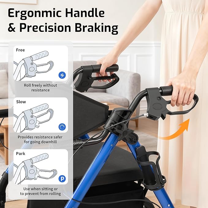 2 in 1 Rollator Walker for Seniors with Seat, Walker Wheelchair Combo, Transport-Wheelchair-Lightweight-Foldable with Adjustable Seat and Handle, 300 Lb. Weight Capacity, Blue