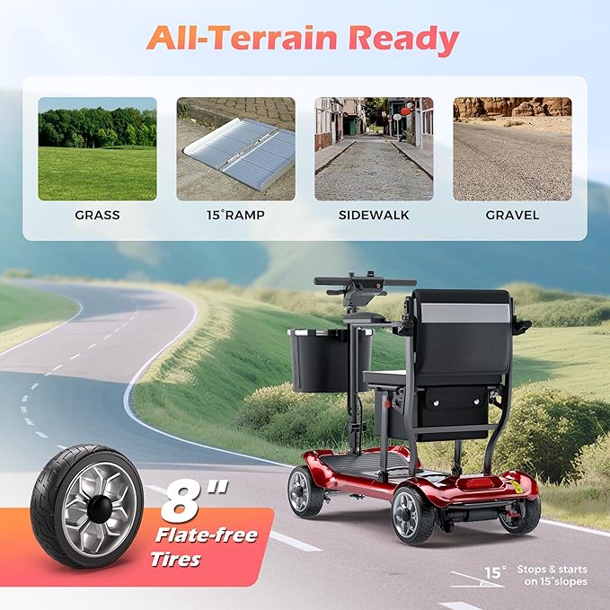 Lightweight Mobility Scooter for Adults & Seniors - Cruise & Airport Approved, 43lb Foldable Portable Motorized Scooters with Dual Lithium Batteries for 30.4 Miles Travel, 300lb Capacity, Red