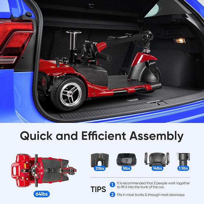 3 Wheel Mobility Scooters for Adults，Collapsible Electric Powered Wheelchair，Portable Compact Motorized Scooter for Travel，Long Range Power，Battery with Charger，Basket and Cup Holder
