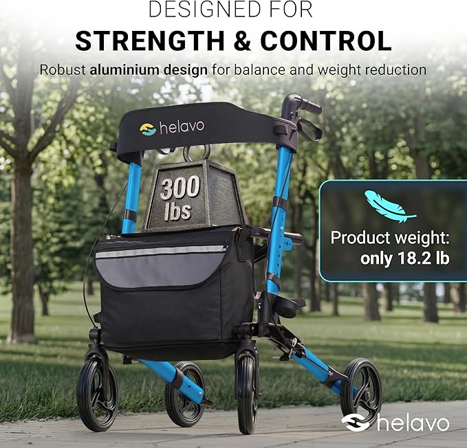 Helavo Foldable Rollator with Seat - Lightweight Aluminum Rolling Walker for Seniors and Adults