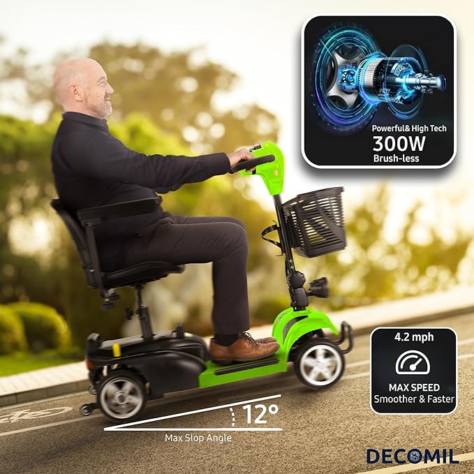 DECOMIL – Portable Mobility Scooter for Seniors, Foldable Electric Powered Scooter. Medical Travel Scooter for Adults, 4 Wheels, Lightweight and Portable (Green)