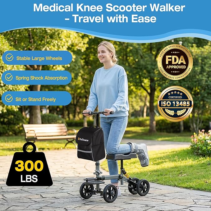 All Terrain Knee Scooter,Foldable & Steerable Knee Walker with Comfort Knee Pad, Dual Brakes,Crutch Alternative for Broken Foot & Ankle Recovery,Grey
