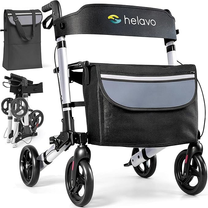 Helavo Foldable Rollator with Seat - Lightweight Aluminum Rolling Walker for Seniors and Adults