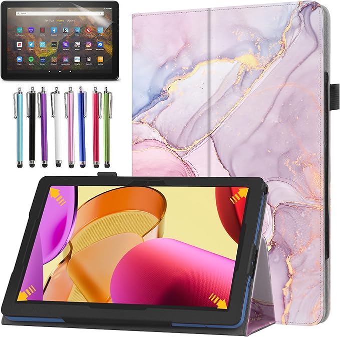 Case for Amazon Fire HD 10 Tablet 10.1" Inch Display (13th Generation, 2023 Released) - Slim Lightweight Folio Stand Cover PU Leather Case + 1 Screen Protector and 1 Stylus (Marble Pink)
