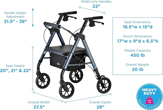 NOVA Star 8 Petite Heavy Duty Bariatric Rollator Walker, Large Padded Seat, 450 lb Capacity, 8” Rugged All-Terrain Wheels, Easy-Grip Locking Hand Brakes, Fold Lock, Height Adjustable, Blue
