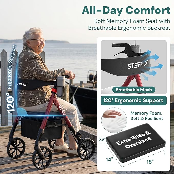 Bariatric Rollator Walker with Seat for Seniors, 500lb Capacity Aluminum Frame, Zero Wobble, 16lb Lightweight, 8" All Terrain Wheels, 10-Level Adjustable Handle/Seat, Cup Holder, Cane Clip