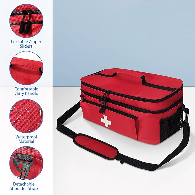 Meichoon First Aid Bag Empty Large Medical Kit Portable with Double-Layer Design Pill Box Storage Case Waterproof Travel Emergency Supplies Storage Bag for Car Home Office Outdoor Black