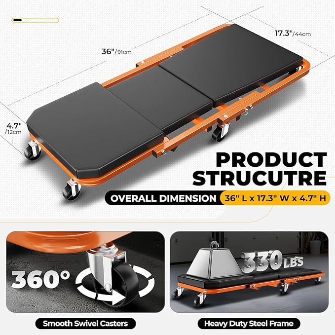 Auto Dynasty 36" Z-Creeper Seat, 2-in-1 Foldable Garage Creeper Shop Seat, 330 LBS Capacity Automotive Mechanic Repair Under Car Rolling Creeper Seat, Orange