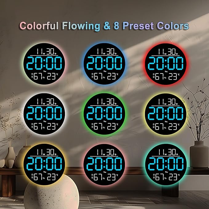 10-Inch RGB LED Digital Wall Clock with Temperature, Humidity, and Date Display｜Dual Alarms, Countdown Timer, 11 Backlight Colors, Auto Brightness, Silent Operation｜Modern Decor for Home&Office