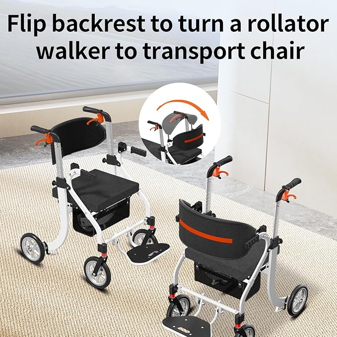 Nihhcune 4-in-1 Mobility Wheelchair Combination, No Installation Design, Walkers for Seniors, Foldable Walker with Seat, Rollator Walker with Durable Aluminum, Ergonomic Design Rolling Walker, White