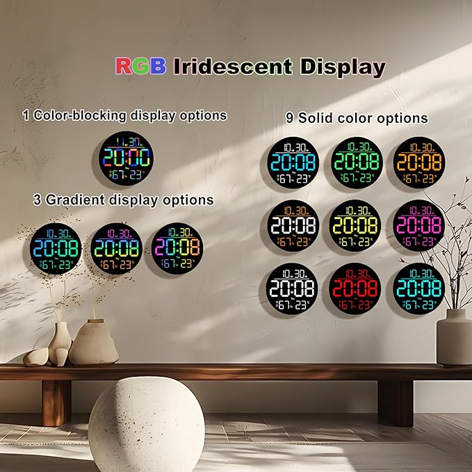 10-Inch RGB LED Digital Wall Clock with Temperature, Humidity, and Date Display｜Dual Alarms, Countdown Timer, 11 Backlight Colors, Auto Brightness, Silent Operation｜Modern Decor for Home&Office