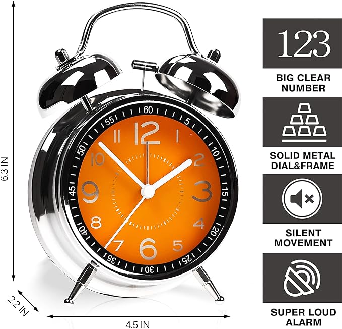 AYRELY® Super Loud Alarm Clock for Heavy Sleepers Adults,Twin Bell Retro 4 Inch Silent Non-Ticking Quartz with Backlight, Metal dial, Alarm Clocks for Bedrooms Bedside (Orange)