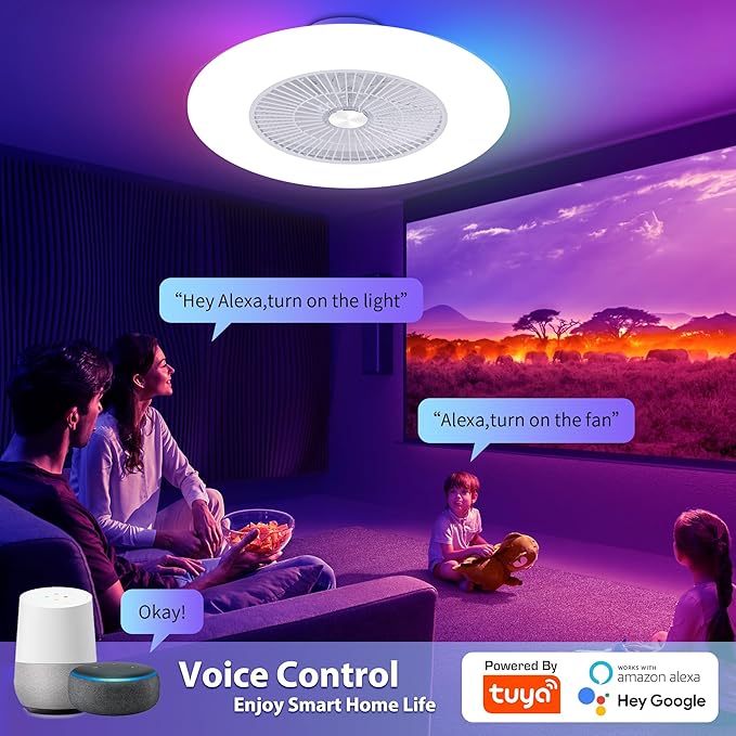 24" Bladeless Ceiling Fan with RGB Ambient Light, Low Profile Flush Mount Fan with APP/Remote/Alexa Control, 6-Speed Quiet, Dimmable Color Changing LED, White