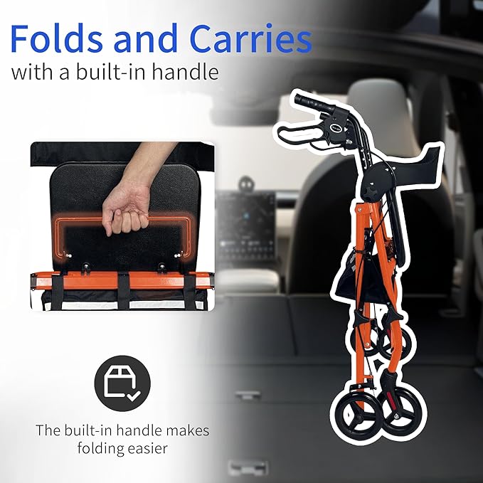 Rollator Walkers for Seniors with Seat, Foldable & One-Hand Carry, Upgraded Rolling Walker with Seat for Seniors, Handles Height Adjustable Rolling Walker for Seniors, Walking & Seated Rest, Orange