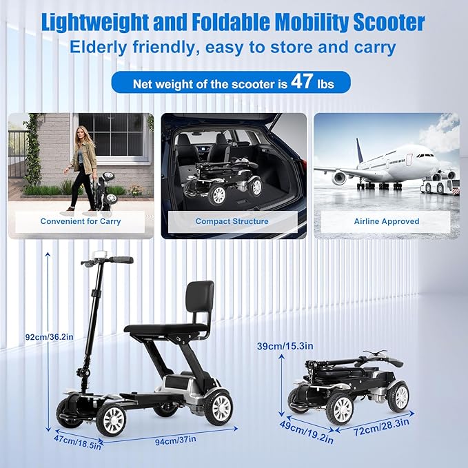 Lightweight Mobility Scooter for Adults and Seniors 47lb Foldable Electric Mobility Scooter,Compact Motorized Scooter Powered Mobility Scooter Airplane Travel Friendly(Adjustable Length&Height)