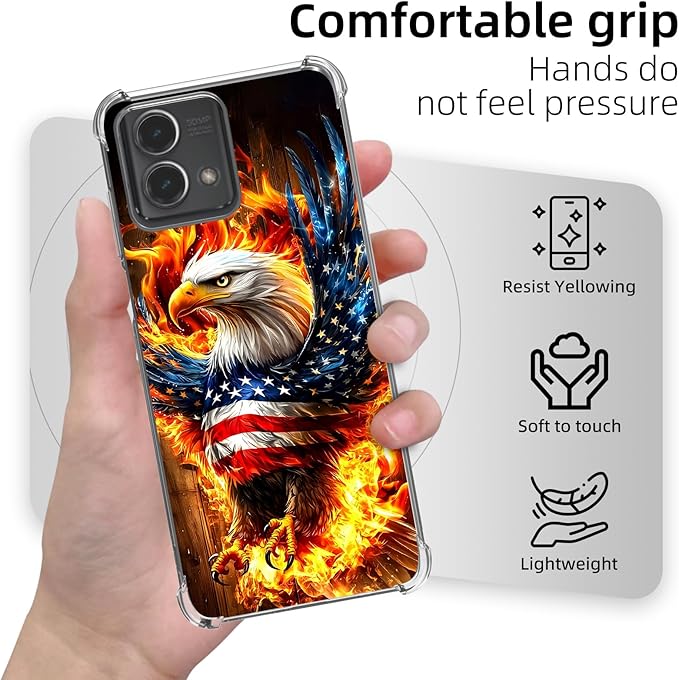 for Moto G Stylus 5G 2023 Clear Phone Case, Lightweight Transparent TPU, American Flag Flame Eagle Shockproof Four Corner Anti-Fall Case 6.6" for G Stylus 5G 2023, Screen Protector Film