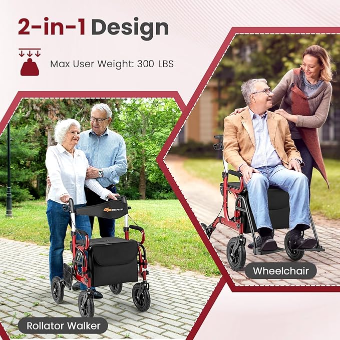 Goplus Walkers for Seniors with Seat, 2 in 1 Folding Rolling Rollator Walker & Wheelchair Combo with Brakes, 9" Pneumatic Tires for All Terrain, Aluminum Adult Mobility Walking Aid