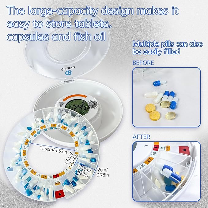 Wi-Fi Automatic Pill Dispenser 28-Day Medication Assistant for Seniors & Caregivers with Remote App Monitoring, Alarms, Sound Light Reminders, Tracks Adherence History, Clear LCD Display, Key Lock