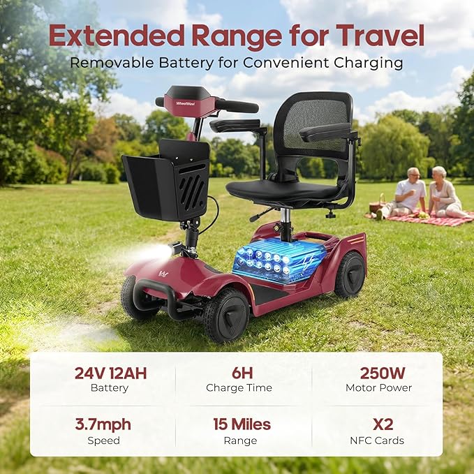 NFC One-Touch Keyless Unlock 4-Wheel Foldable Mobility Scooter for Seniors & Adults, 15 Mile Range, 3.7 MPH, Removable Battery, Digital Display, 300 lb Capacity, Red