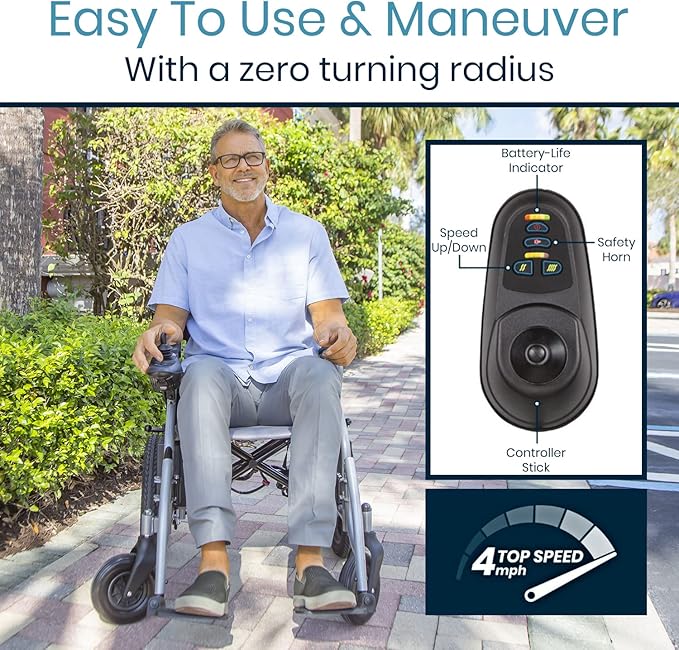 Vive Folding Electric Wheelchair - Foldable Wheel Chair, Narrow Power Scooter, Heavy Duty, TSA Approved - Compact Size for Seniors Adults - Battery Portable, Folds, Shock-Absorbing (16 x 30 x 28.5)