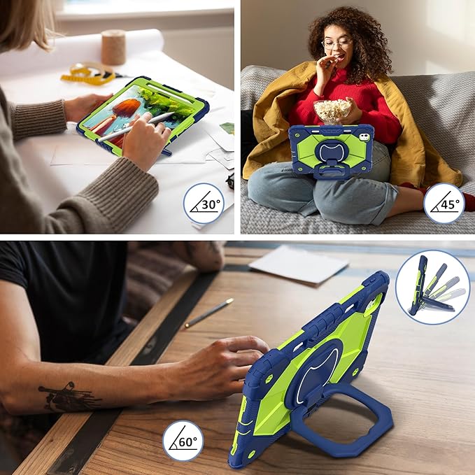 Dteck for iPad Pro 11 inch (M4/M5) 2024/2025 Release Shockproof Case with Shoulder Strap/Pencil Holder/Rotating Kickstand Handle, Heavy-Duty Sturdy Rugged Cover, Protective Tablet Shell, Blue Green