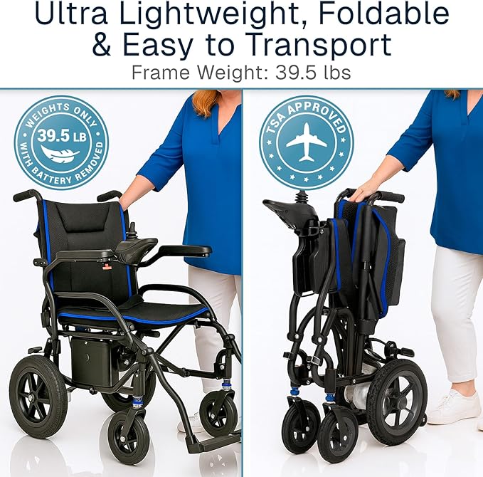 Vive Ultra Lightweight Electric Wheelchair for Adults - Foldable Power Wheel Chair - Collapsible, Folding, Ultralight, Motorized, Light Weight Travel Senior Folding Mobility Aid - Weighs Just 39 lbs