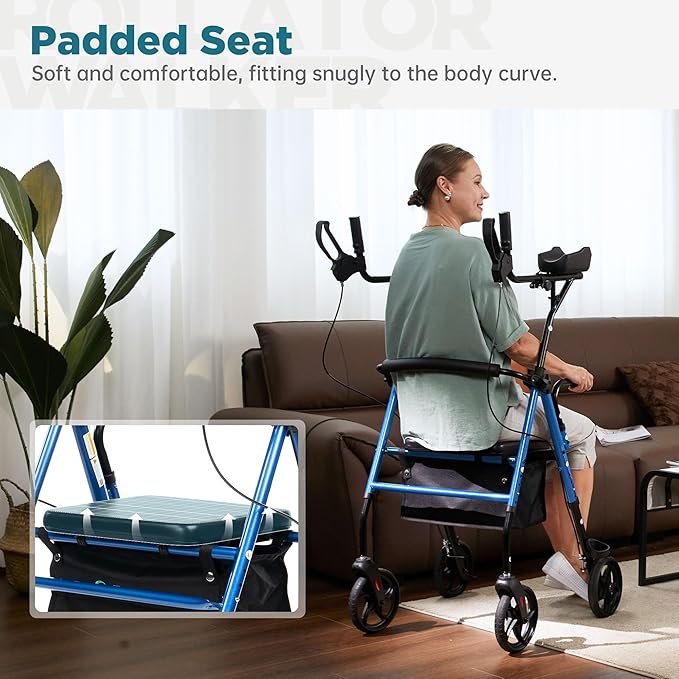 ELENKER Upright Walker, Stand Up Rollator Walker with Padded Seat and Backrest, Lightweight, Compact Folding, Fully Adjustment Frame for Seniors, Blue