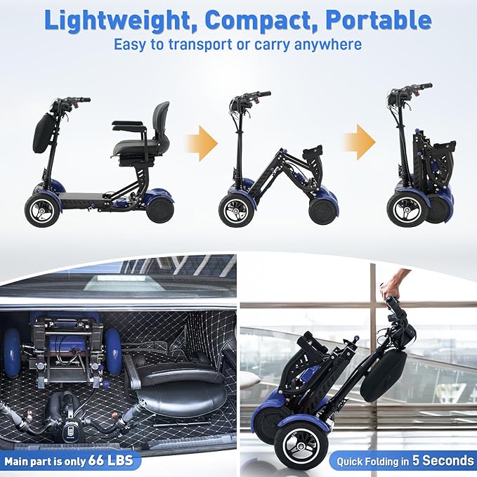 All-Terrain 4-Wheel Foldable Electric Scooter Lightweight Folding Mobility Scooter for Adults & Seniors, 25Miles Long Range, 15.6AH Lithium Battery, 3-Speed Mode, Max Load 300lbs (Standard Blue)