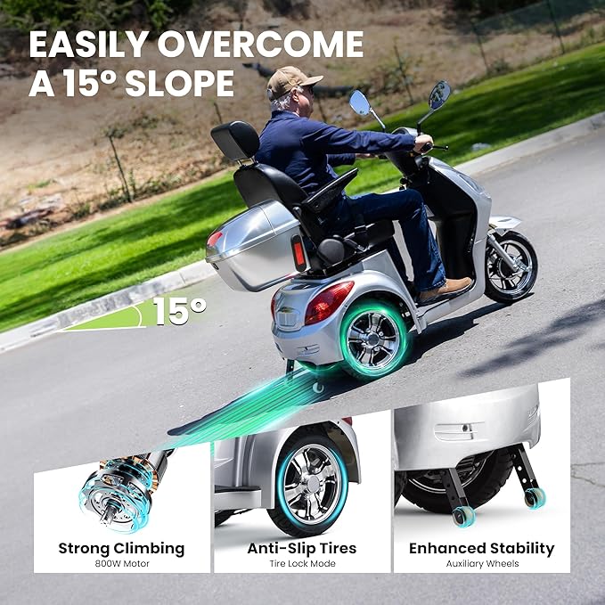 Super Large Electric 3 Wheel Mobility Scooters, 800W Wheelchair Device, 500 LBS Capacity Electric Wheelchair for Seniors & Adults, Speed Adjust, Remote Key, Receive Ready to Ride (Silver Silver)