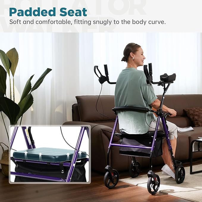 ELENKER Upright Walker, Stand Up Rollator Walker with Padded Seat and Backrest, Compact Folding, Fully Adjustment Frame for Seniors, Purple