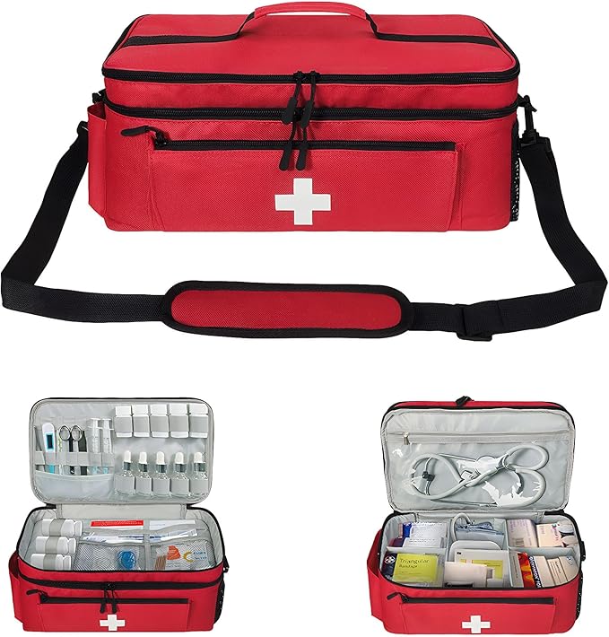 Meichoon Empty First Aid Kit Bag Large Medical Supply Organizer with Double-Layer Design First Aid Storage Box for Car Office Home Waterproof Emergency Kit Bag Travel CPAP Bag Alternative Red