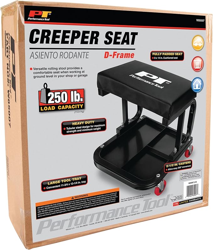 Performance Tool W85007 C-Frame Creeper Rolling Work Seat with Tool Tray for Mechanic Garages and Workshops, Black, 11.5 x 12.5-inch Tray
