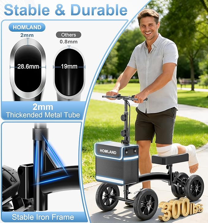 HOMLAND Knee Scooter Walker for Adults Foot Injuries Ankle Surgery, Foldable Steerable Leg Scooters with Dual Handbrake, Height Adjustable Handle & Knee Pad, Removable Storage Bag, 300 lbs Capacity
