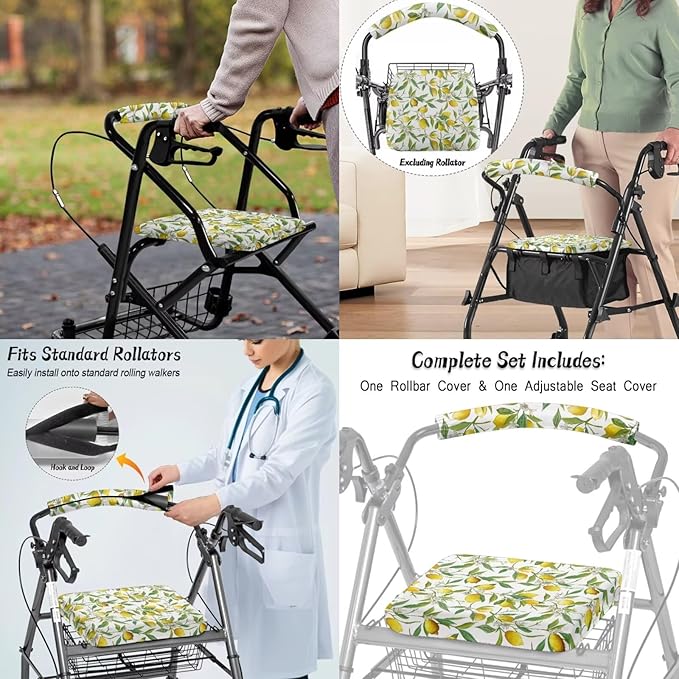 3 Piece Set Walker Accessories Yellow Lemon Walker Seat Cover Soft Rollator Seat and Back Rest Covers Underseat Pouch Tote, Easy to Install and Easy Clean