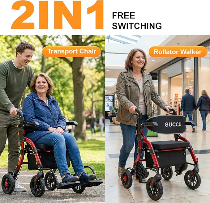 Rollator Walkers for Seniors with Seat, 2-in-1 Walker Wheelchair Combo, Foldable Rolling Walker with Seat, Wheelchairs for Adults – 400 lbs Capacity, Adjustable Height