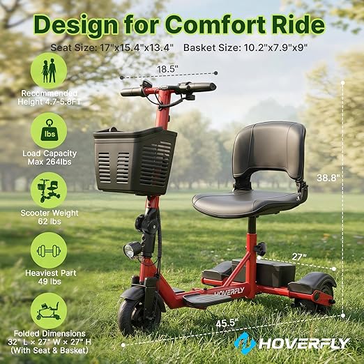 Hoverfly T3 Folding Powered Mobility Scooter for Seniors, Portable 3-Wheel E-Scooter with Seat, 13-Mile Range Safe LiFePO4 Battery, 264 lbs Load &Solid 8" Tires, Fits in Car Trunks for Daily Rides Red