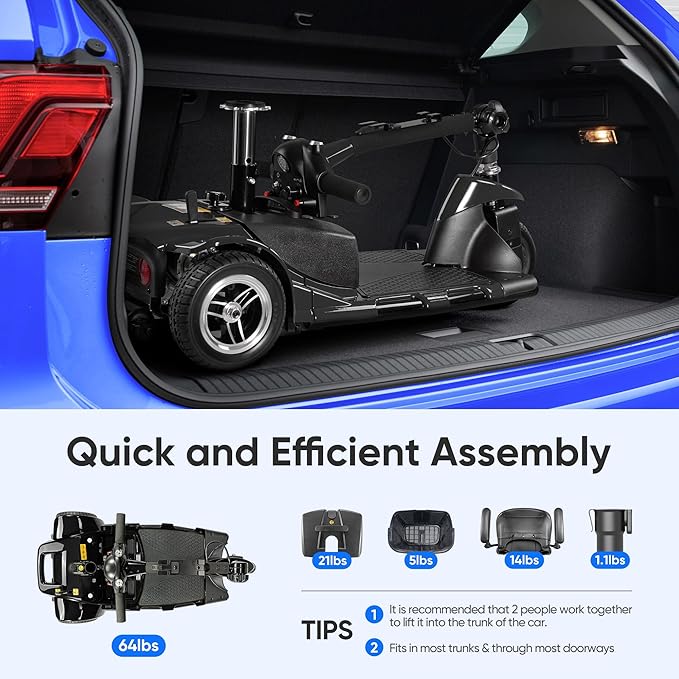 3 Wheel Mobility Scooters for Adults，Collapsible Electric Powered Wheelchair，Portable Compact Motorized Scooter for Travel，Long Range Power，Battery with Charger，Basket and Cup Holder (Black)