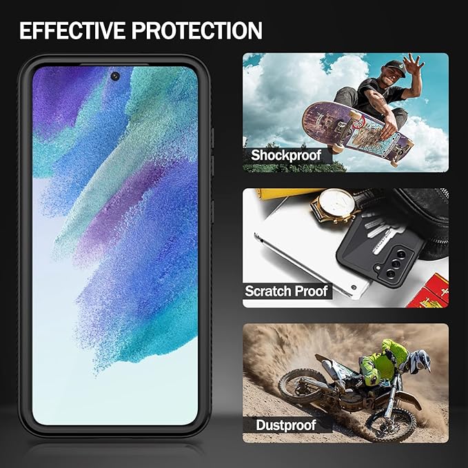 wahhle Compatible with Samsung S21 FE 5G Case, Built in Screen Protector Full Body Shockproof Slim Fit Bumper Protective Phone Cover for S21 FE 5G 6.5 Inch Men Women-Black/Clear