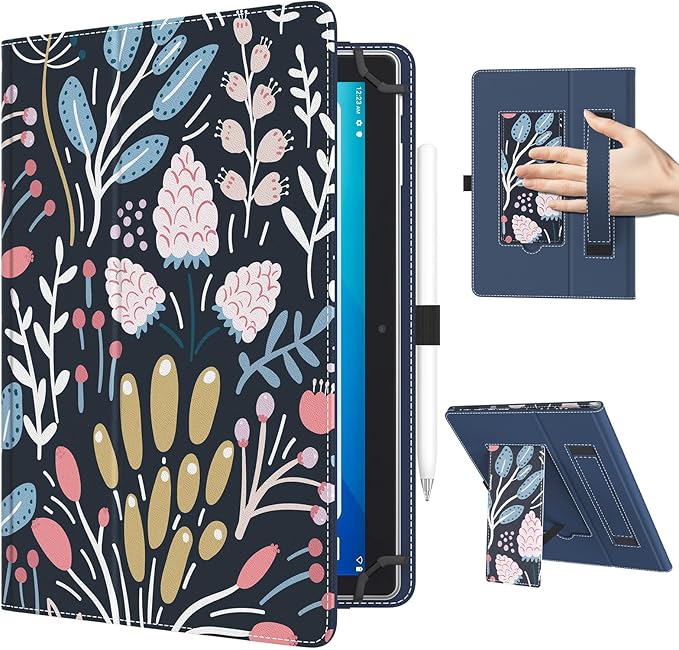 TiMOVO Universal Case for 10.1 Inch Android Tablet with Pen Loop, Lightweight Folding Stand Cover with Hand Strap for All 9.6"-11" Touchscreen Tablet, Colorful Flower