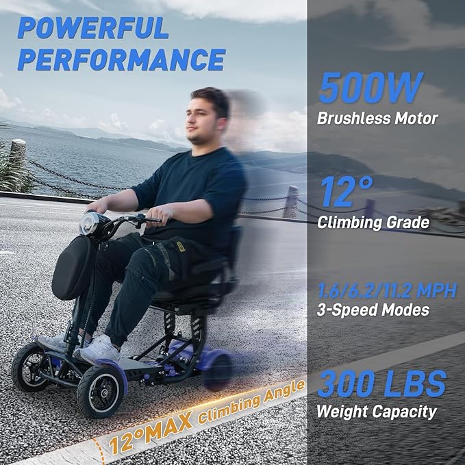 All-Terrain 4-Wheel Foldable Electric Scooter Lightweight Folding Mobility Scooter for Adults & Seniors, 25Miles Long Range, 15.6AH Lithium Battery, 3-Speed Mode, Max Load 300lbs (Standard Blue)