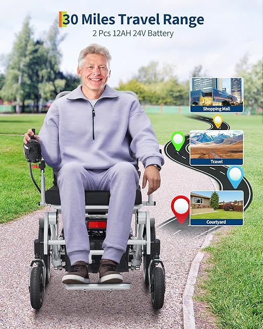 Electric Wheelchair for Adults, 30 Miles Long Travel Range with 2 PCs 12Ah 24V Battery,Ultra Lightweight & Foldable, 330lb Large Capacity, All Terrain Electric Mobility Chair & Airline Approved