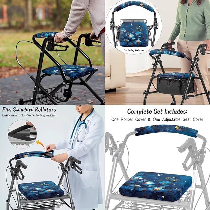 3-Piece Walker Seat Cover & Storage Bag Set, Blue Butterfly Rollator Walker Accessories for Elderly, Padded Universal Fit Seat Cover with Storage Pouch, Easy Insall Basket