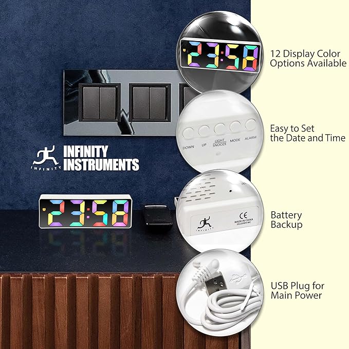 Infinity Instruments LTD. Digital Tabletop Alarm Clock, White with Colored Display, 6.25" x 2.25"