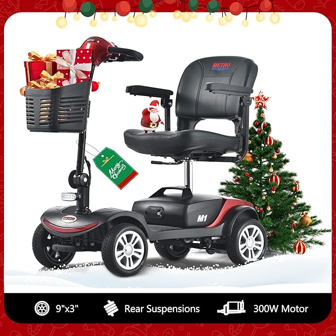 Metro Mobility Scooters with seat for Adults, Seniors, Travel, 4-Wheel Electric Powered Motorized Scooter, 2 Removable Batteries，w/Charge & Light-M1 Red