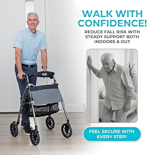 Stander Wonder Rollator Plus with 8-inch All-Terrain Wheels, Lightweight Folding Rolling Walker with Seat, Locking Brakes and Backrest, EZ Fold-N-Go-Rollator for Seniors and Adults, Black Walnut