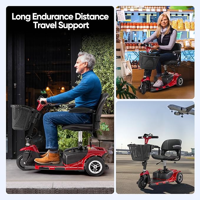 3 Wheel Mobility Scooters for Adults，Collapsible Electric Powered Wheelchair，Portable Compact Motorized Scooter for Travel，Long Range Power，Battery with Charger，Basket and Cup Holder